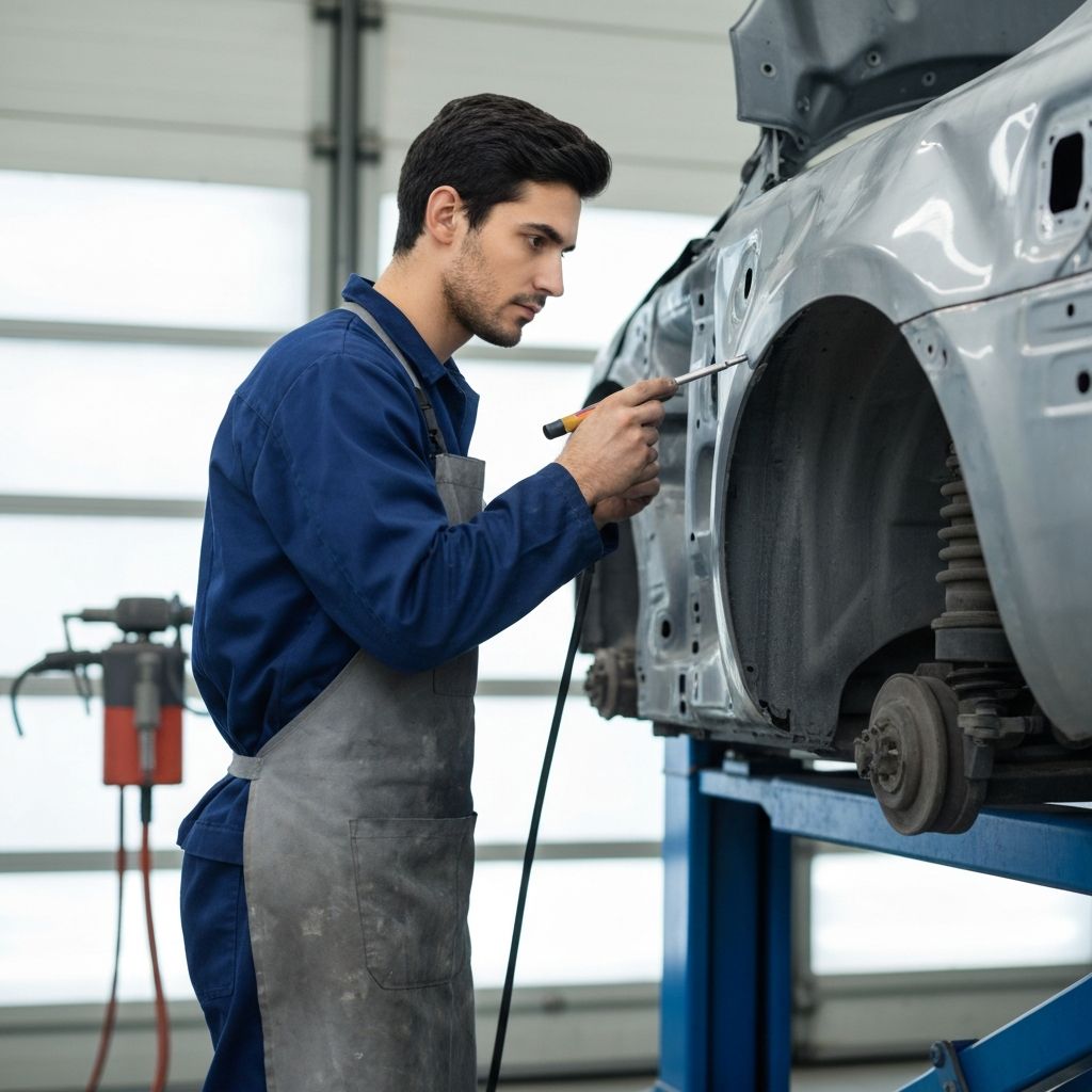 Professional auto body technician working on vehicle repair at D&B Auto Repair in Deer Park, NY